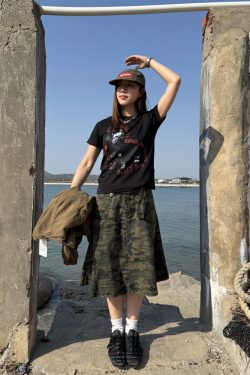 Vintage Washed Camouflage Skirt for Women - Casual American-Style Summer Workwear, Niche Design, Trendy 90s Fashion