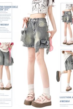 Vintage Washed Denim Bowknot Shorts for Women - A-Line Wide-Leg Loose Mid-Length Pants for Autumn and Winter Fashion