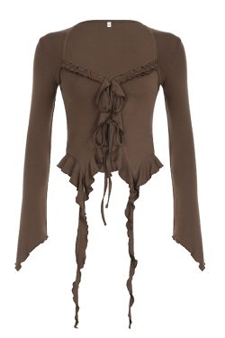 Vintage Wasteland Ruffled Edge Flowing Ribbon Cardigan - Women's Retro Bell Sleeve Shirt with Niche Design