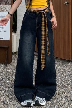 Vintage Wide-Leg Floor-Length Jeans for Women - Yellow Waistband, Blue Gray Straight-Leg Design, Summer Fashion