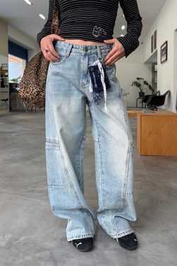 Washed Straight-Leg Wide-Leg Cargo Jeans for Men and Women, Vintage Casual Design with Multiple Pockets, Y2K Style Long Pants