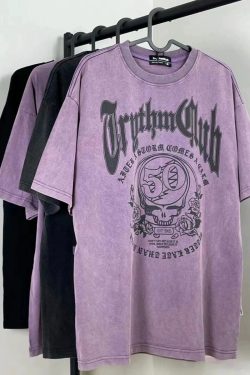 Washed Vintage Skull Print Short Sleeve T-Shirt for Women - American Street Style, Loose Fit, Drop Shoulder, Summer Casual Top