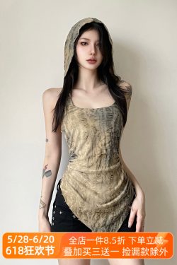 Wasteland Rock Music Festival Hooded Vest for Women - Backless Distressed Irregular Strap Design