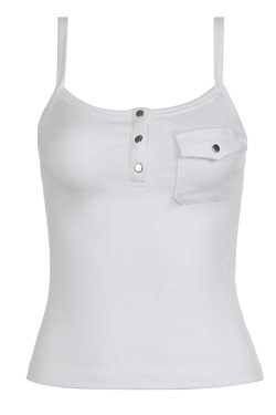 White Basic V-Neck Buttoned Strap Tank Top for Women, Slim-Fitting Waist-Exposing Design with Pocket, Casual Y2K Style