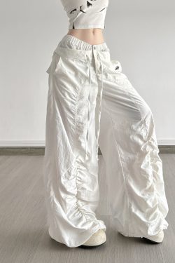 White Double Waist Pleated Casual Pants for Women - Low Waist Loose Wide Leg Dance Trousers, 90s Inspired Street Style