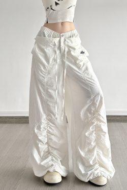 White Double Waist Pleated Casual Pants for Women - Low Waist Loose Wide Leg Dance Trousers, 90s Inspired Street Style