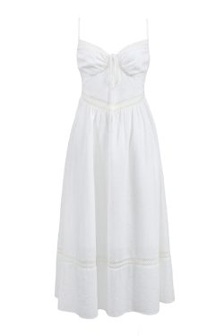 White Lace Hollowed-Out Dress with Waist-Cinching Design - Elegant Long Strap Vacation Dress for Summer 90s Y2K Style