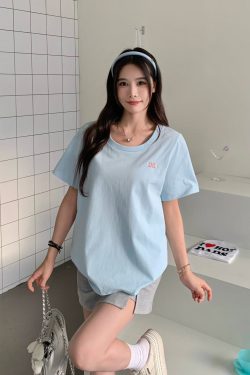 White One-Shoulder Round Neck Short Sleeve T-Shirt for Women - Summer Versatile Loose Fit Top, Y2K Style