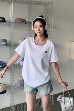 White One-Shoulder Round Neck Short Sleeve T-Shirt for Women - Summer Versatile Loose Fit Top, Y2K Style