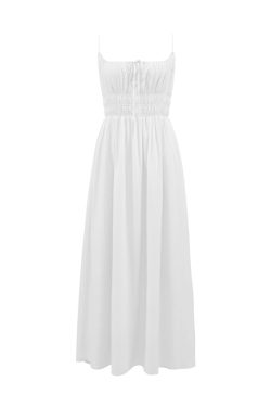 White Spaghetti Strap A-Line Dress with Long Skirt – Sexy Vacation Style, Trendy French Design, Perfect for Summer Events