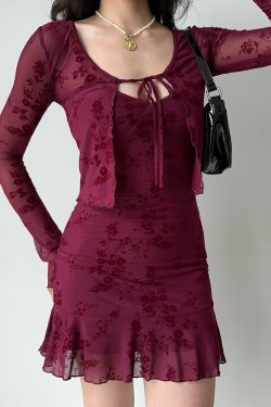 Wine Red Embroidered Camisole Dress & Cardigan Two-Piece Set - European & American Style New Year Fashion Robe