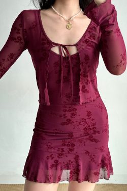 Wine Red Embroidered Camisole Dress & Cardigan Two-Piece Set - European & American Style New Year Fashion Robe