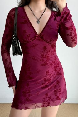 Wine Red Velvet Ribbon Mesh Dress for Women - Deep V-Neck, Slim Fit, Short Skirt - European American Style, Y2K Fashion