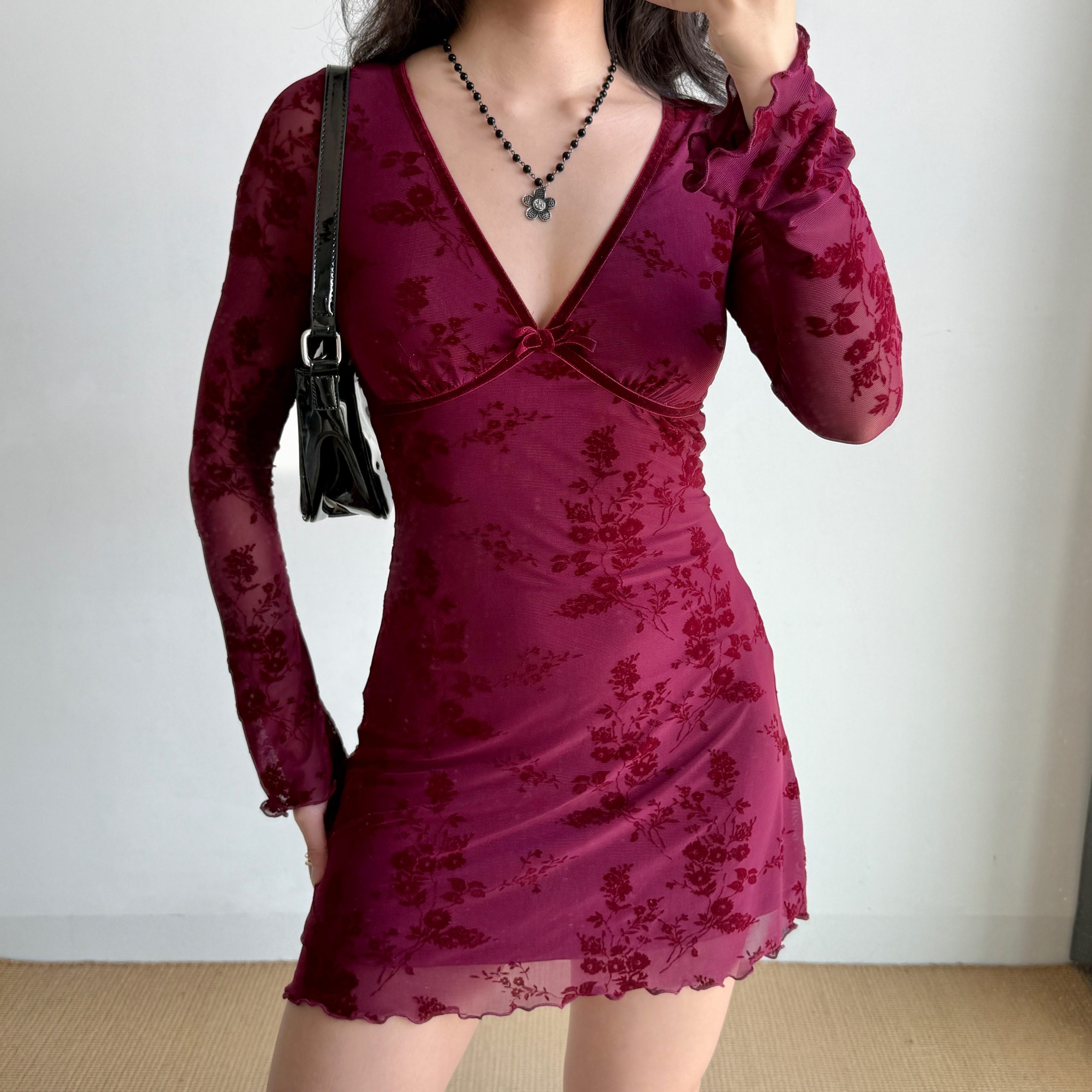 Wine Red Velvet Ribbon Mesh Dress for Women - Deep V-Neck, Slim Fit, Short Skirt - European American Style, Y2K Fashion Wine Red Velvet Ribbon Mesh Dress for Women - Deep V-Neck, Slim Fit, Short Skirt - European American Style, Y2K Fashion
