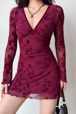Wine Red Velvet Ribbon Mesh Dress for Women - Deep V-Neck, Slim Fit, Short Skirt - European American Style, Y2K Fashion