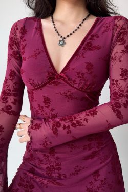 Wine Red Velvet Ribbon Mesh Dress for Women - Deep V-Neck, Slim Fit, Short Skirt - European American Style, Y2K Fashion