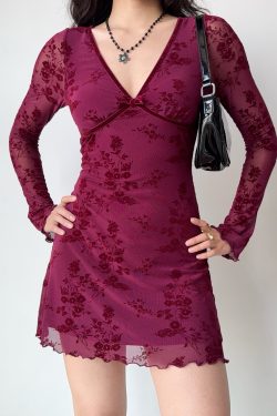 Wine Red Velvet Ribbon Mesh Dress for Women - Deep V-Neck, Slim Fit, Short Skirt - European American Style, Y2K Fashion