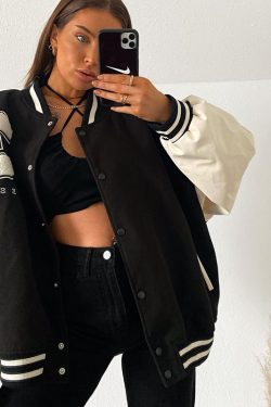 Women's American Retro Black Baseball Jacket - Sweet Cool High Street Pilot Style for Spring, Spicy Short Design