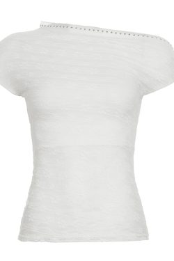 Women's Asymmetrical Off-Shoulder T-Shirt with Textured Floral Design - White Summer Top for 90s and Y2K Style