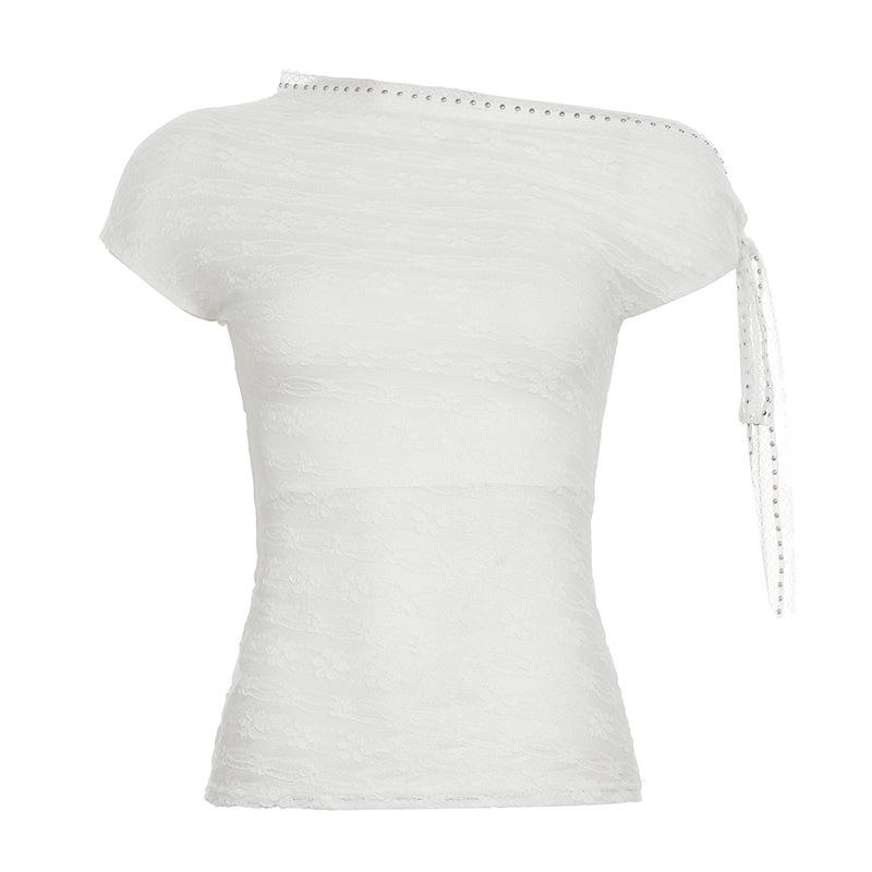 Women's Asymmetrical Off-Shoulder T-Shirt with Textured Floral Design - White Summer Top for 90s and Y2K Style Women's Asymmetrical Off-Shoulder T-Shirt with Textured Floral Design - White Summer Top for 90s and Y2K Style