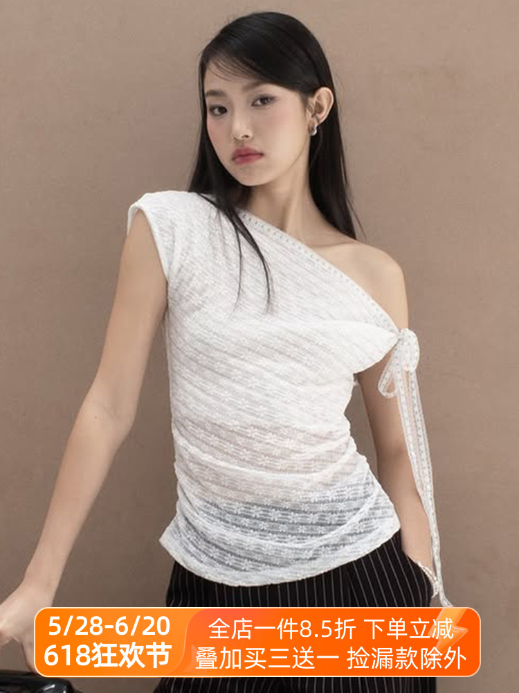 Women's Asymmetrical Off-Shoulder T-Shirt with Textured Floral Design - White Summer Top for 90s and Y2K Style Women's Asymmetrical Off-Shoulder T-Shirt with Textured Floral Design - White Summer Top for 90s and Y2K Style