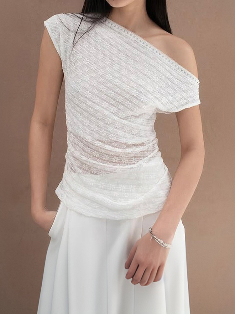 Women's Asymmetrical Off-Shoulder T-Shirt with Textured Floral Design - White Summer Top for 90s and Y2K Style Women's Asymmetrical Off-Shoulder T-Shirt with Textured Floral Design - White Summer Top for 90s and Y2K Style