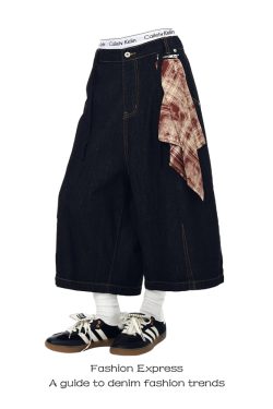 Women's Black Three-Quarter Wide-Leg Denim Shorts with Detachable Square Scarf - 90s American Retro Summer Style