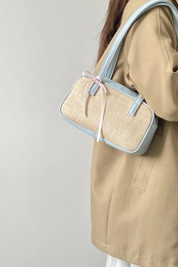 Women's Color Block Spliced Straw Beach Bag - Korean INS Style Handheld Underarm Bag for Vacation & Summer Outings