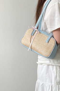 Women's Color Block Spliced Straw Beach Bag - Korean INS Style Handheld Underarm Bag for Vacation & Summer Outings