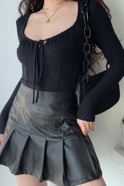 Women's Extra Long Sleeve U-Neck T-Shirt with Tie Detail - Simple Slim Fit Base Top for 90s and Y2K Style