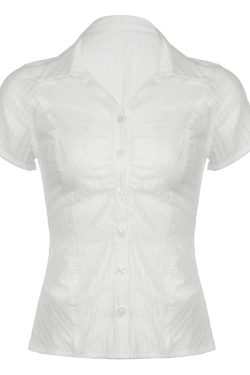Women's French Minimalist White Collared Button-Up Short Sleeve Shirt with Waist-Cinching Pleated Design for a Slimming Effect