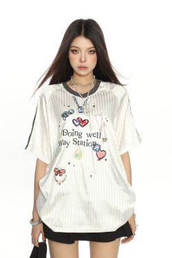 Women’s Graffiti Striped Short Sleeve T-Shirt - Summer Cool Sports Style, Unique Loose Fit for Y2K and 90s Inspired Looks