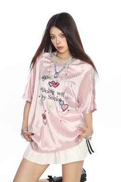 Women’s Graffiti Striped Short Sleeve T-Shirt - Summer Cool Sports Style, Unique Loose Fit for Y2K and 90s Inspired Looks