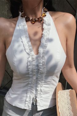 Women's Handmade V-Neck Ruffled Waist-Tie Backless White Tank Top - Perfect for Vacation, Australian Niche Style