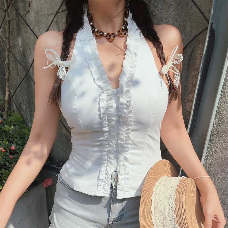 Women's Handmade V-Neck Ruffled Waist-Tie Backless White Tank Top - Perfect for Vacation, Australian Niche Style Women's Handmade V-Neck Ruffled Waist-Tie Backless White Tank Top - Perfect for Vacation, Australian Niche Style