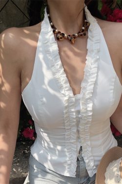 Women's Handmade V-Neck Ruffled Waist-Tie Backless White Tank Top - Perfect for Vacation, Australian Niche Style