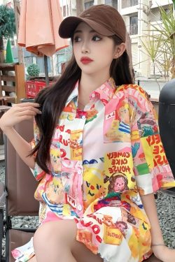 Women's Hawaiian Floral Short Sleeve Shirt - Fun Cartoon Print, Casual Beach Loose Top for Summer Style