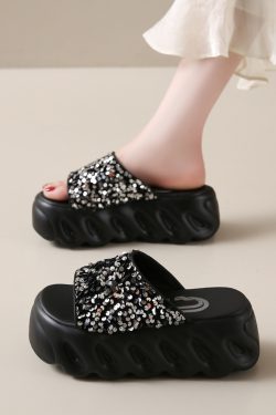Women's Height-Increasing Sequined Flat Sandals, Summer Outdoor Slide Sandals, Soft Thick-Soled Beach Footwear 2025