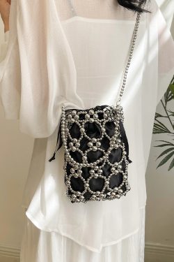Women's High-End Metal Bead Handbag - Small Square Shoulder Bag for Summer 2025, Versatile Phone Bag, Trendy Evening Accessory