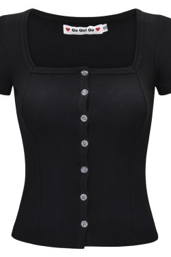 Women's High Waist Ribbed T-Shirt - Short Sleeve Square Neck Top, Go Girl Go Style, Perfect for Casual 90s Fashion
