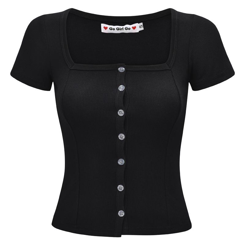 Women's High Waist Ribbed T-Shirt - Short Sleeve Square Neck Top, Go Girl Go Style, Perfect for Casual 90s Fashion Women's High Waist Ribbed T-Shirt - Short Sleeve Square Neck Top, Go Girl Go Style, Perfect for Casual 90s Fashion