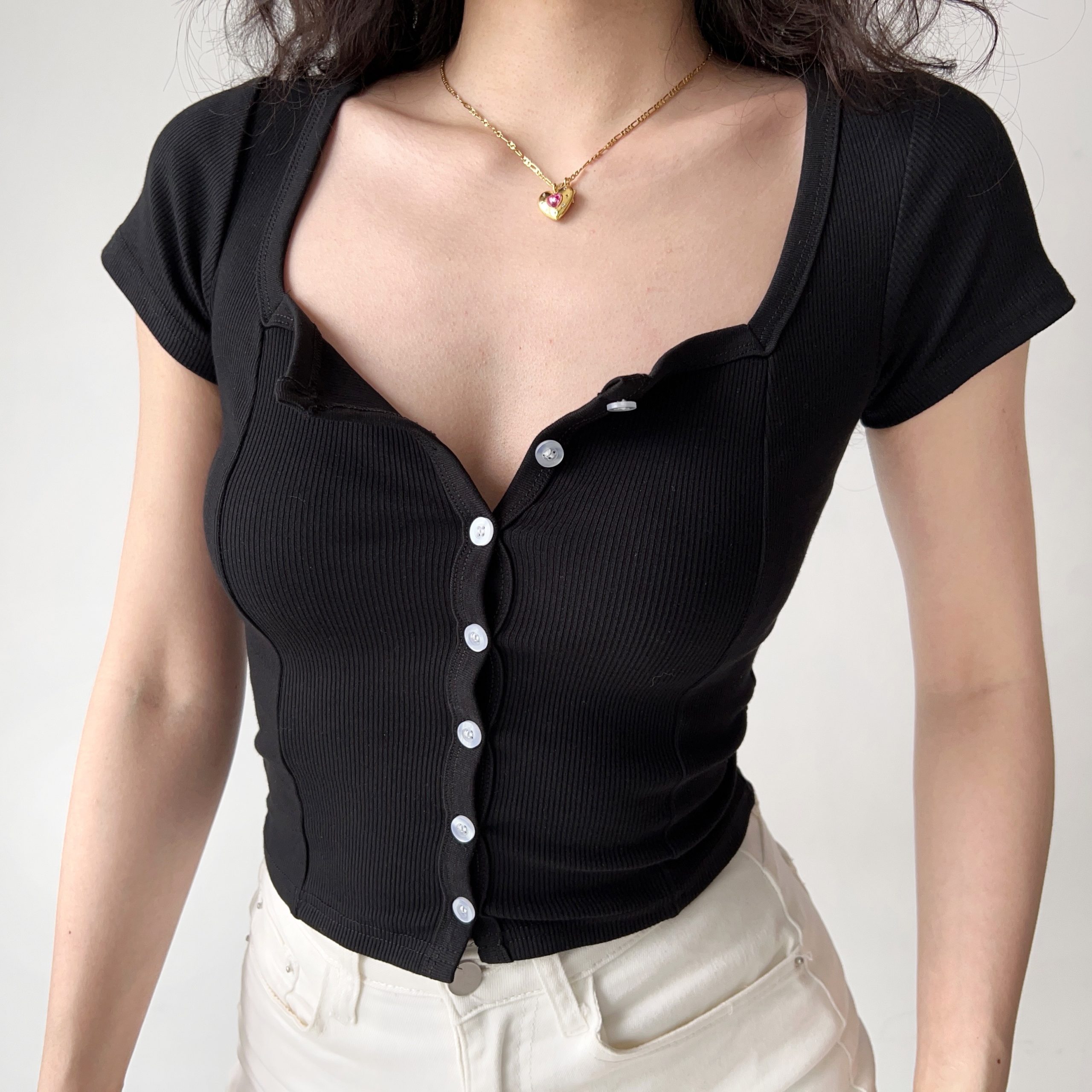 Women's High Waist Ribbed T-Shirt - Short Sleeve Square Neck Top, Go Girl Go Style, Perfect for Casual 90s Fashion Women's High Waist Ribbed T-Shirt - Short Sleeve Square Neck Top, Go Girl Go Style, Perfect for Casual 90s Fashion