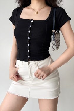 Women's High Waist Ribbed T-Shirt - Short Sleeve Square Neck Top, Go Girl Go Style, Perfect for Casual 90s Fashion