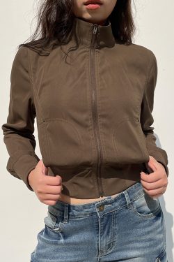 Women's Industrial Style Zipper Jacket - Deconstructed Splicing, Slim Fit, Cinched Waist, Short Coat with Pockets