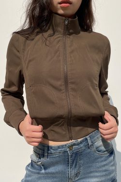 Women's Industrial Style Zipper Jacket - Deconstructed Splicing, Slim Fit, Cinched Waist, Short Coat with Pockets
