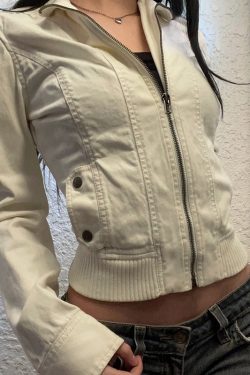 Women's Industrial Style Zipper Jacket - Deconstructed Splicing, Slim Fit, Cinched Waist, Short Coat with Pockets