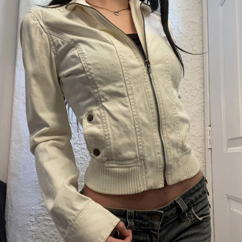 Women's Industrial Style Zipper Jacket - Deconstructed Splicing, Slim Fit, Cinched Waist, Short Coat with Pockets Women's Industrial Style Zipper Jacket - Deconstructed Splicing, Slim Fit, Cinched Waist, Short Coat with Pockets