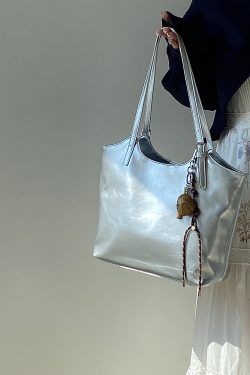 Women's Korean Style Silver Tote Bag - Trendy Large Capacity Commuter Shoulder Handbag for 2025