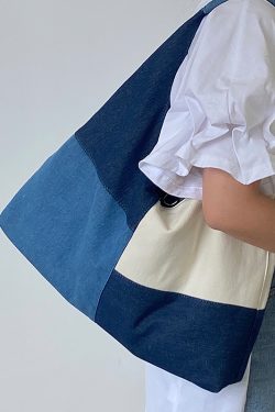 Women's Large Patchwork Color-Blocking Denim Tote Handbag - Spring Summer 2025 Shoulder Bag in Trendy Niche Design