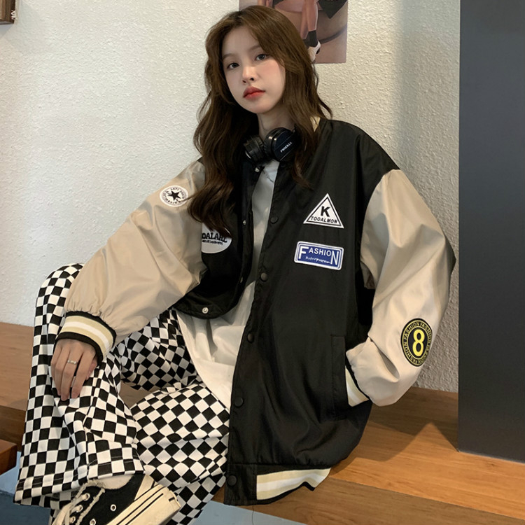 Women's Loose Baseball Jacket - Casual Spring Coat, Versatile Top for Students, Trendy Streetwear Style Women's Loose Baseball Jacket - Casual Spring Coat, Versatile Top for Students, Trendy Streetwear Style